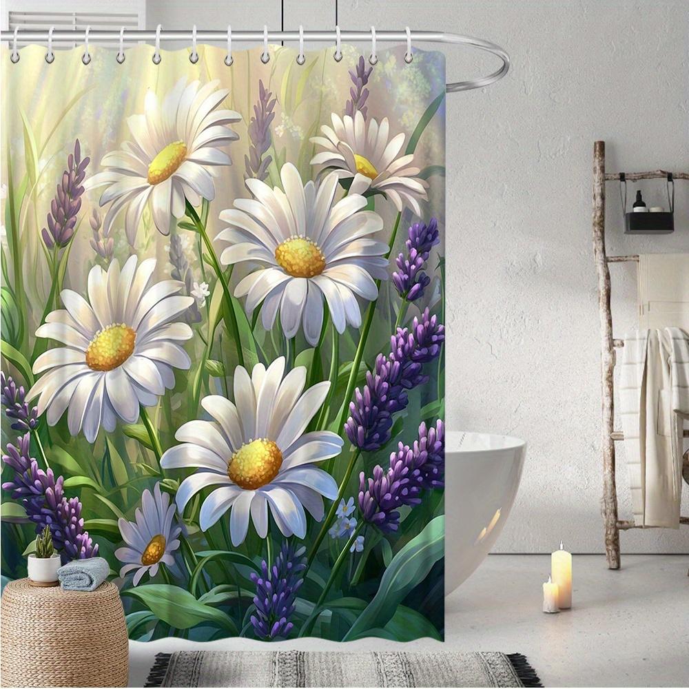 1pc Floral Printed Shower Curtain - White Daisies & Lavender Botanical Design, Fade-Resistant,  Shower Curtain for Bathrooms W90xH180cm
