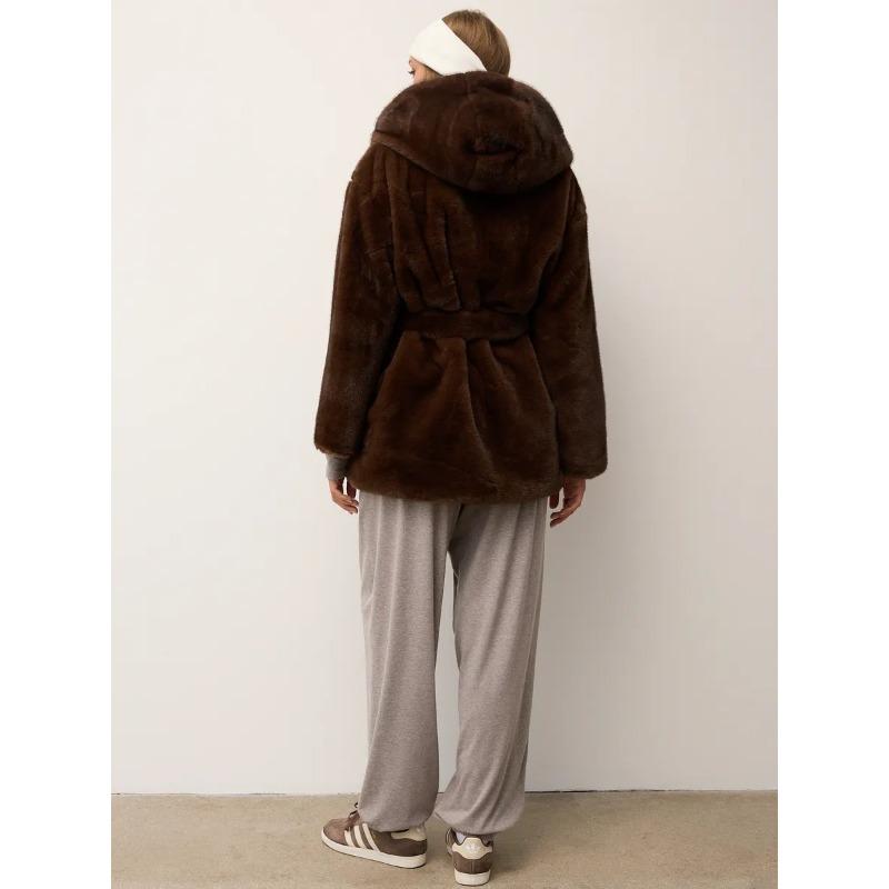 Women Mid Length Hooded Belted Faux Mink Fur Winter Overcoat