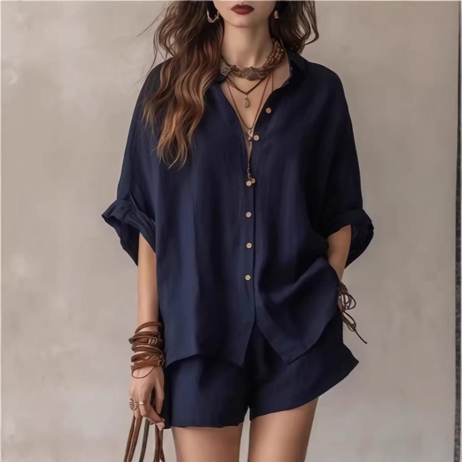 2026 Spring/Summer Women's Solid Color Loose Button-Down Shirt and Shorts Fashion Casual Set