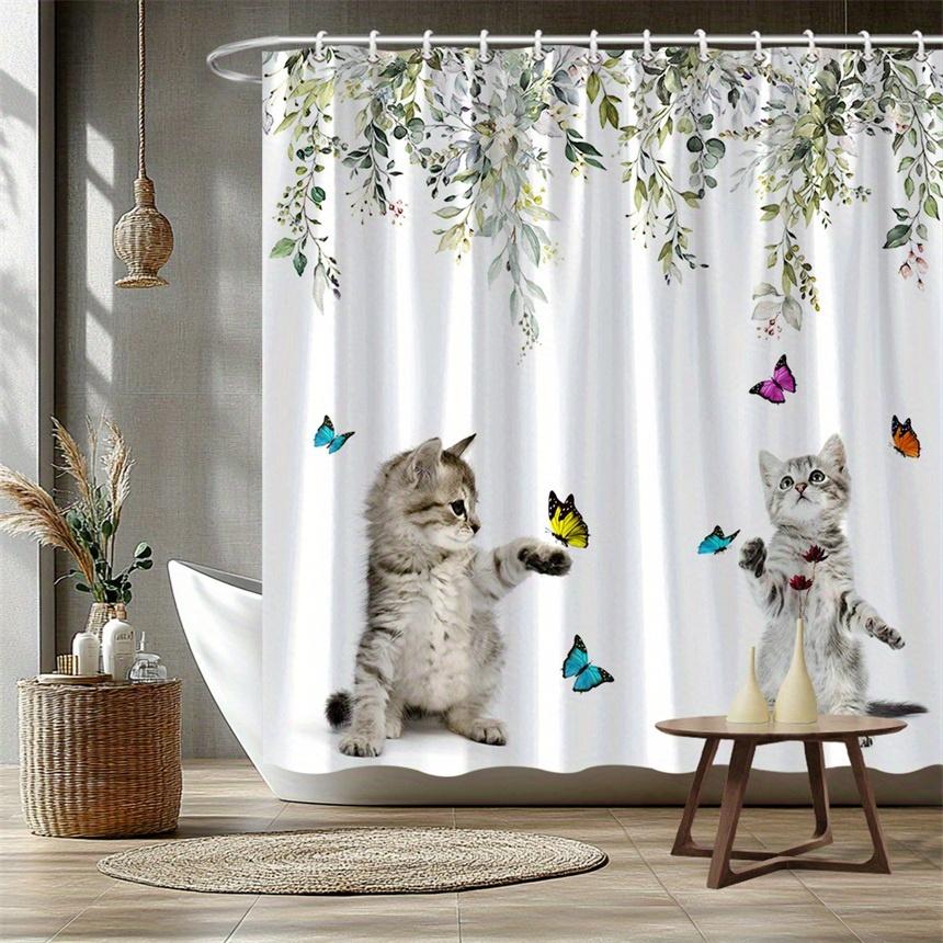 1 Kitten And Butterfly Shower Curtain - Polyester, Cute Gray Tabby Cat Playing With Yellow And Blue Butterflies W60H190(CM)-1 Pcs