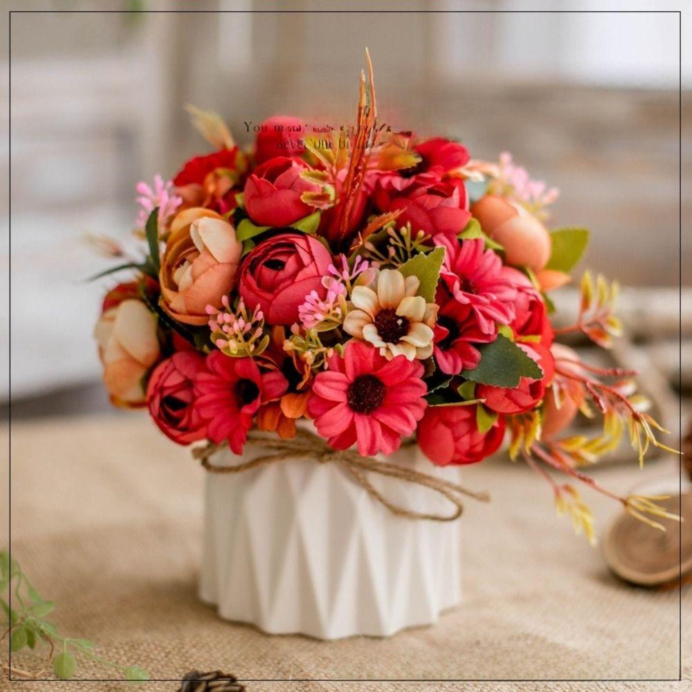 Nordic Fake Flowers with Vase Silk Variety Balls Ceramic Vase Artificial Faux Plants Hemp Rope Rose Artificial Pot Flower