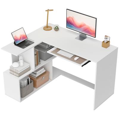 L-Shaped Corner Desk, Computer Desk with Keyboard Tray and Open Shelves, White Wood Effect