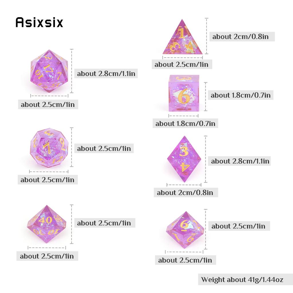 7 Pcs Purple Pink Resin Golden Number Sharp Edge Dice Polyhedral Dice Suitable For Role-Playing Dice PropBoard Game