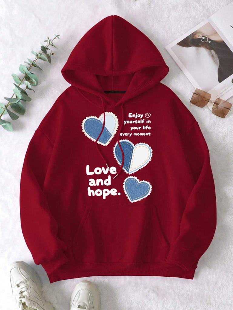 Love And Hope Blue Heart Printing Hoodie Women Multicolor All-Match Y2K Hoody Fleece Loose Hoodies Pocket Autumn Pullovers