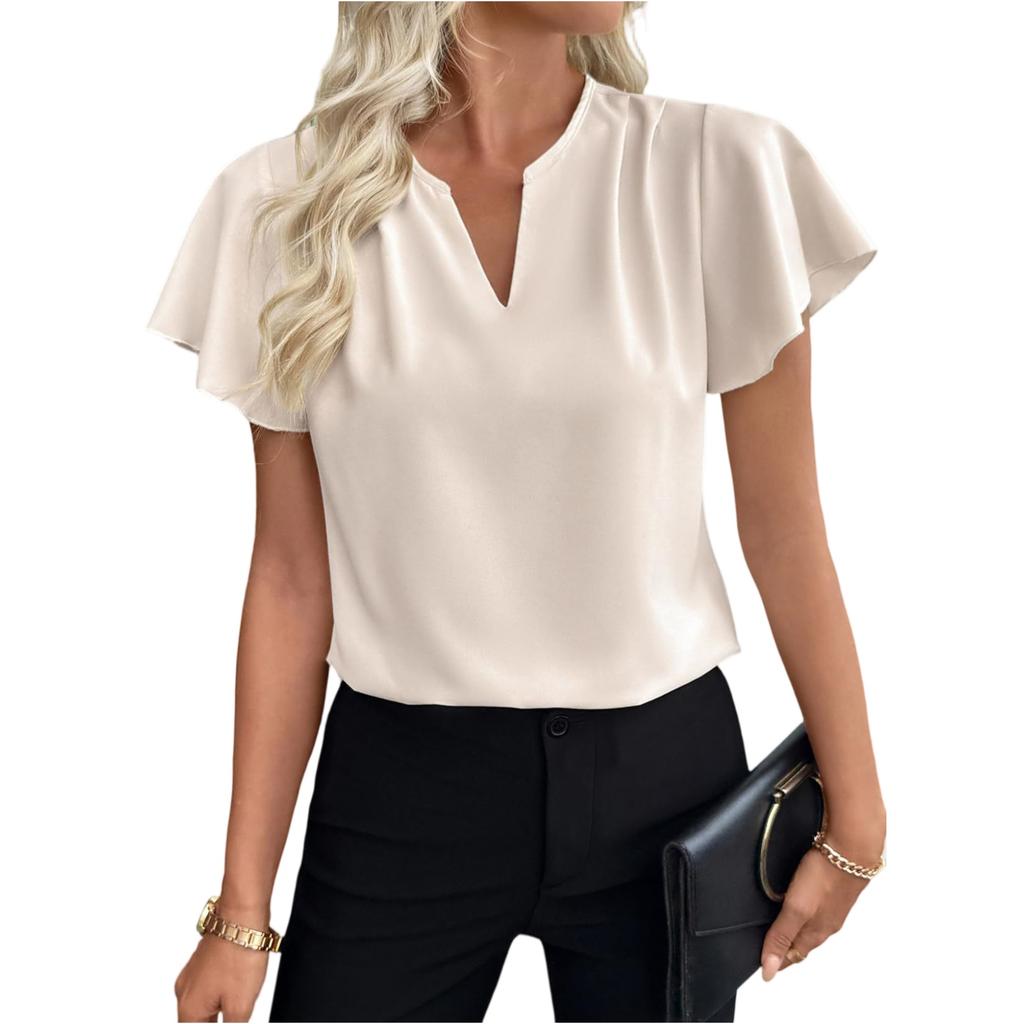 Fashionable Women's Ruffle Sleeves, Fashionable And Elegant V-neck Pleated Color Short Sleeved Shirt