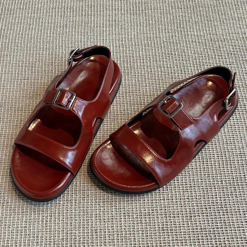 

Fashion High Quality Retro Flat Sandals Women Fashion Burgundy Back Buckle Sandals Comfortable Moccasin Beach Sandals Sandalias De Mujer 40 бордовый