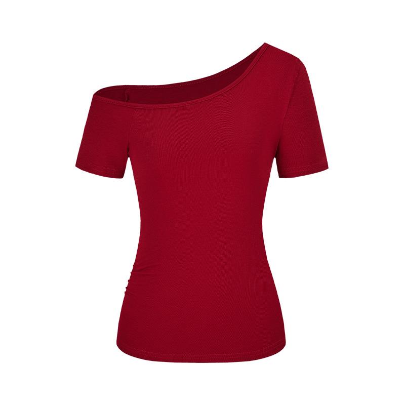 Design Sense Off-Shoulder Spice Girl Short Sleeve T-Shirt Women's Summer New Slim and Skinny Solid Color Versatile Pullover