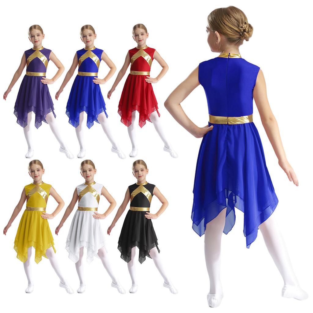Kids Praise Dance Dress Metallic Contrast Color Patchwork Sleeveless Asymmetrical Hem Liturgical Costume