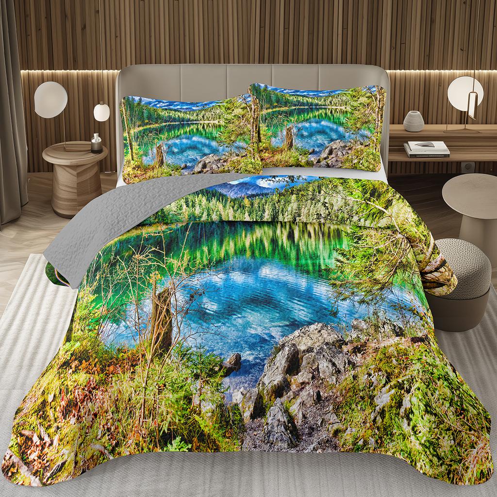 Přehoz na postel Queen/Twin s lesním motivem, Sada prošívané přikrývky s přírodní scenérií, Měkká lehká botanická přehoz na postel se stromem, Rustikální selská ložní souprava