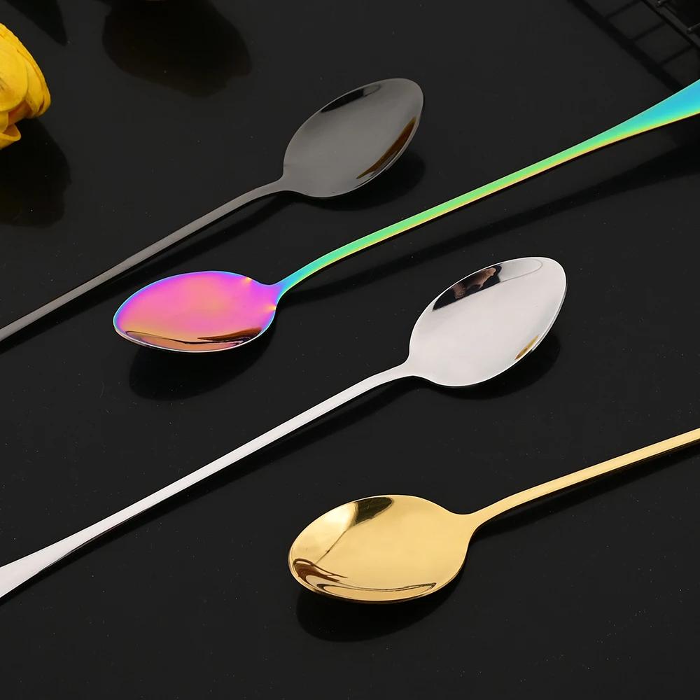 4Pcs Stainless Steel Long Handled Spoon Set Shiny Stirring Coffee Dessert Spoon Suitable for Milk Tea Juice Milkshakes Ice Cream