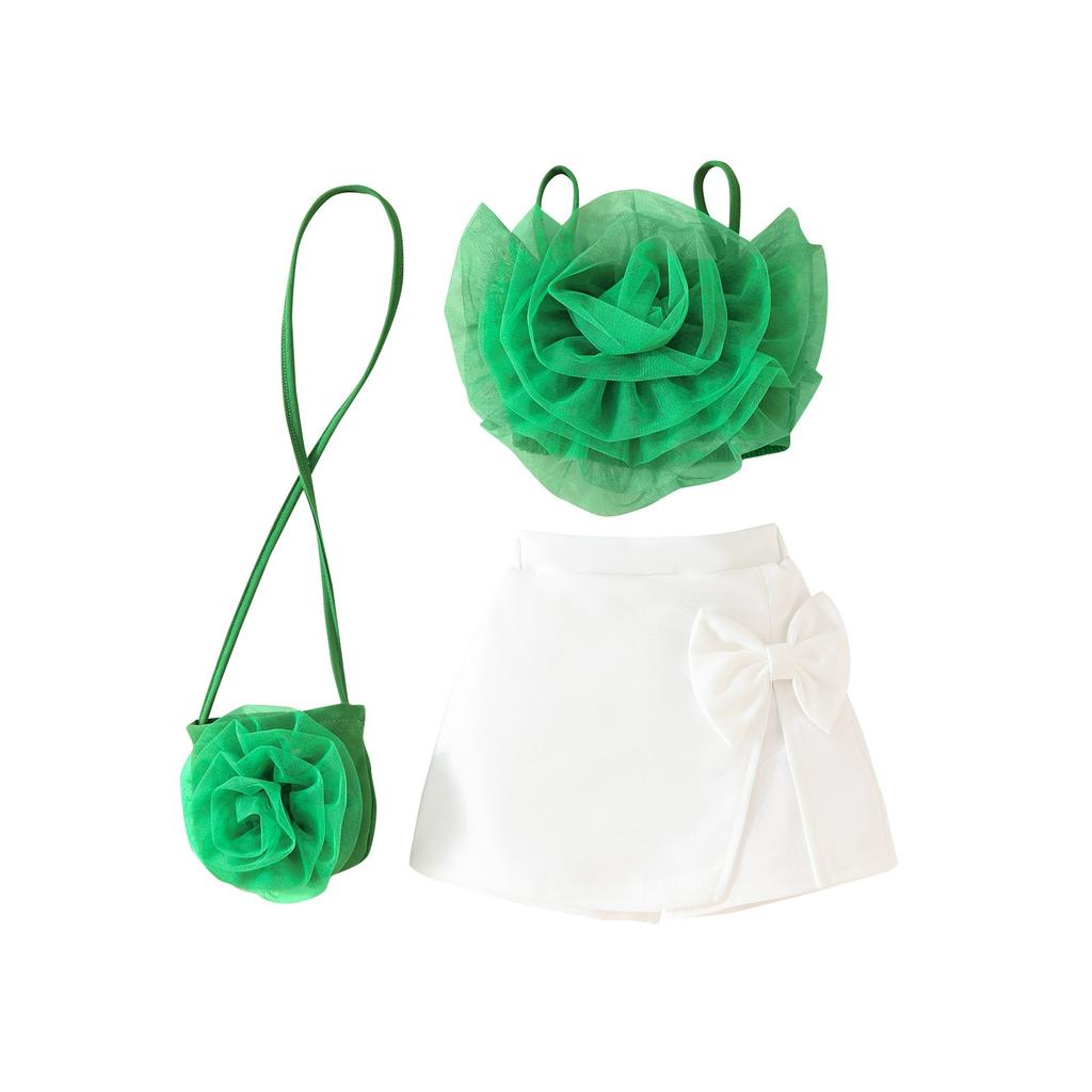 Summer Girls Three-dimensional Flower Suspender Bow Short Skirt Small Bag Set