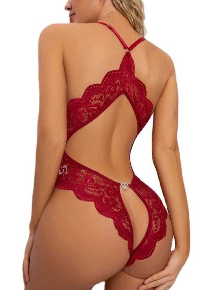 Crotchless Lace Bodysuit – Erotic Lingerie Set with Deep V Open Bra, Adjustable Straps for Women & Couples, Boudoir Outfit