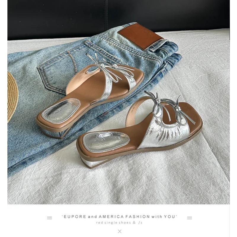 

Bow Women Square Toe High Heels Slippers Sexy Trend Sandals 2025 Summer Shoes New Designer Party Heeled Shoes Woman Pumps Mujer 40 срібний