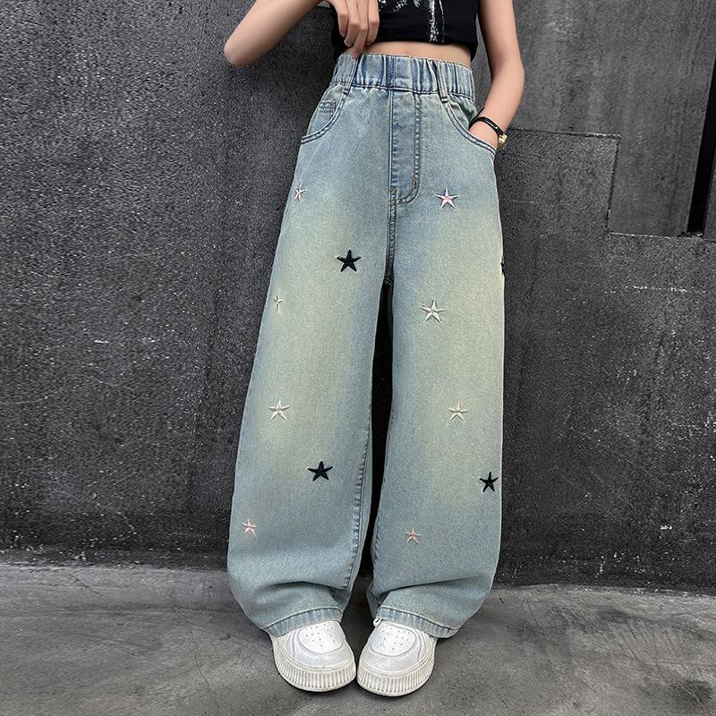 Printemps Automne Filles Jeans Broderie Étoile à Cinq Branches Pantalon Ample pour Années Adolescentes Filles Denim Élégant Pantalon Jambe Large