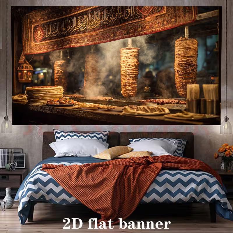 

2D Arabic Shawarma Banner, Traditional Street Food Market Wall Decor Cloth 47.2x31.5inch/120*80cm