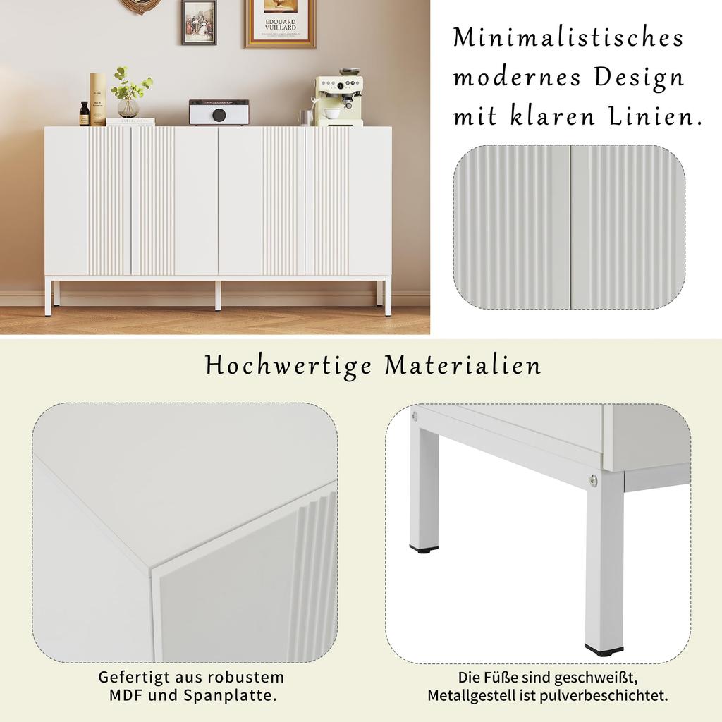 Sideboard mit 4 Türen, Moderne Buffetschrank Mehrzweckschrank mit Verstellbare Ablage, Griffloses Design