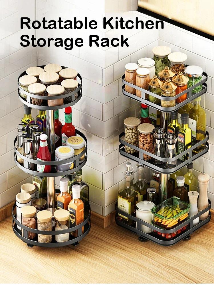 Rotation Condiment Rack Multifunctional Carbon Steel Flavour Storage Tray Round Seasonings Spice Organizer for Kitchen