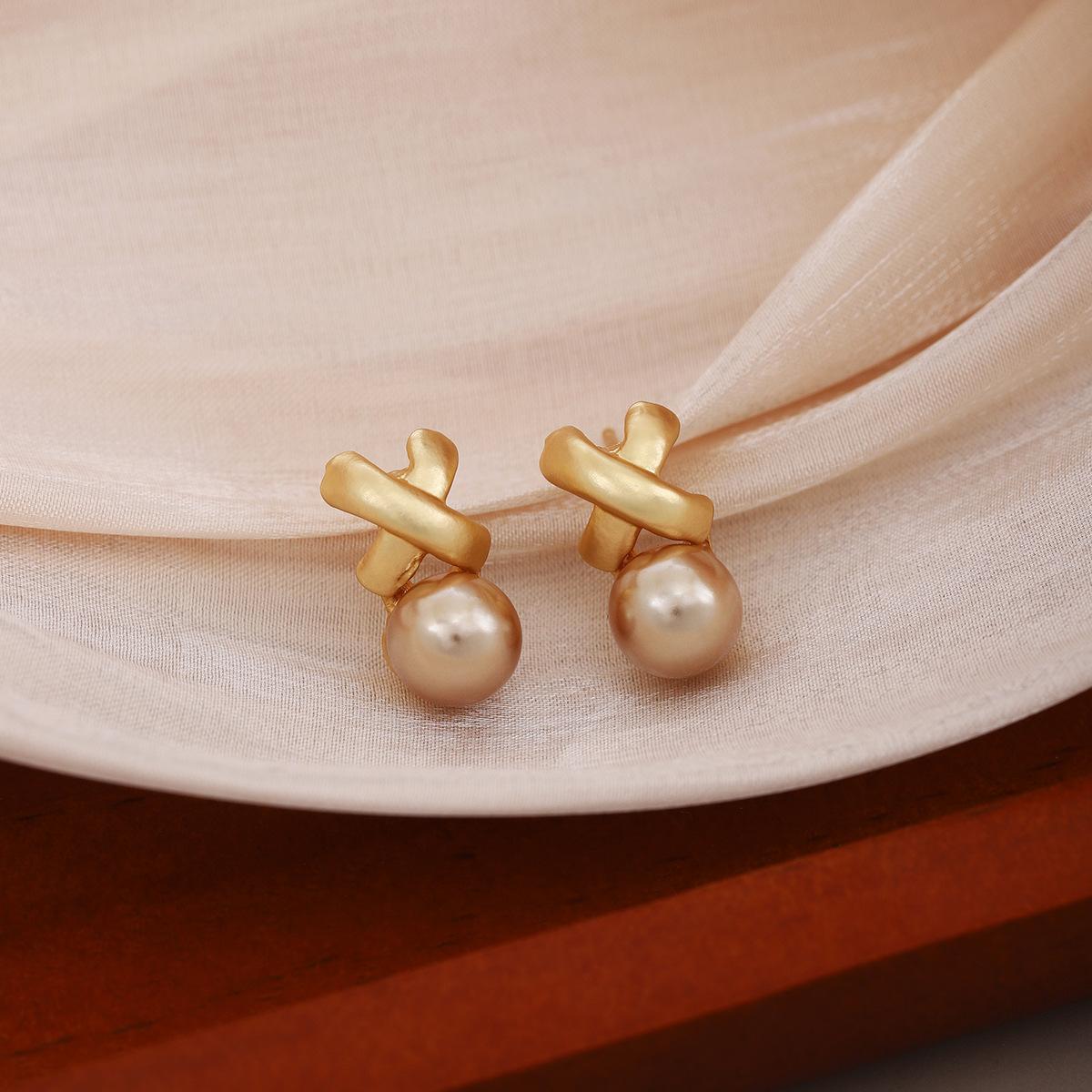 French Retro Cross Champagne Pearl Earrings, Medieval Light Luxury High-End Celebrity Earrings For Women