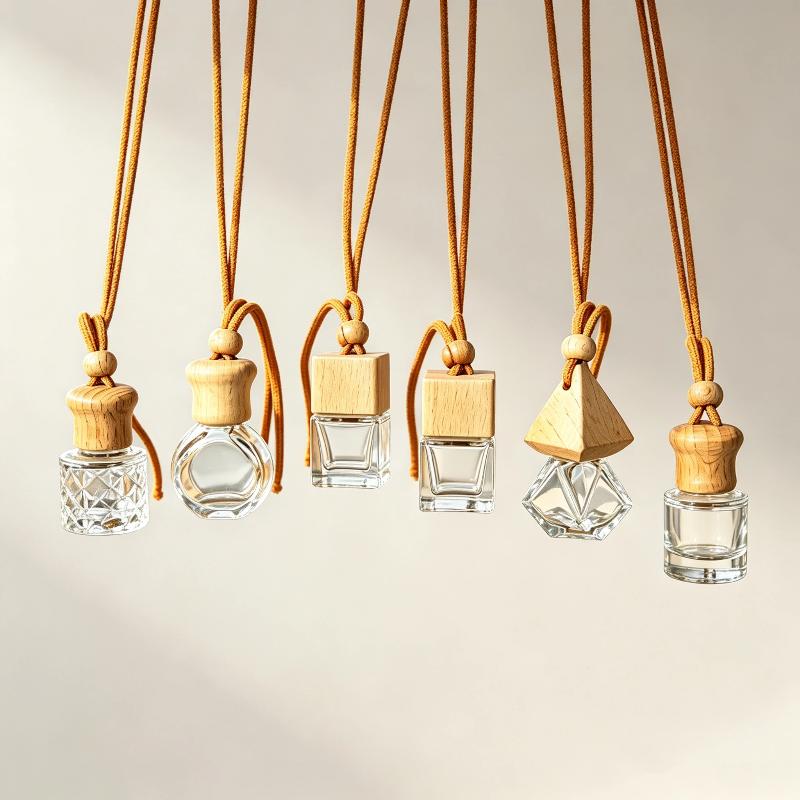 Empty Hanging Car Diffuser Bottles with Natural Wooden Lids Clear Glass Reusable for Homemade Car Air Fresheners