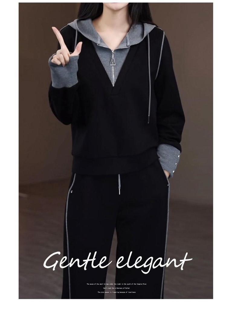Chic Slimming Women's Hooded Sports Suit - Flaw-Concealing Two-Piece Set for Spring/Autumn