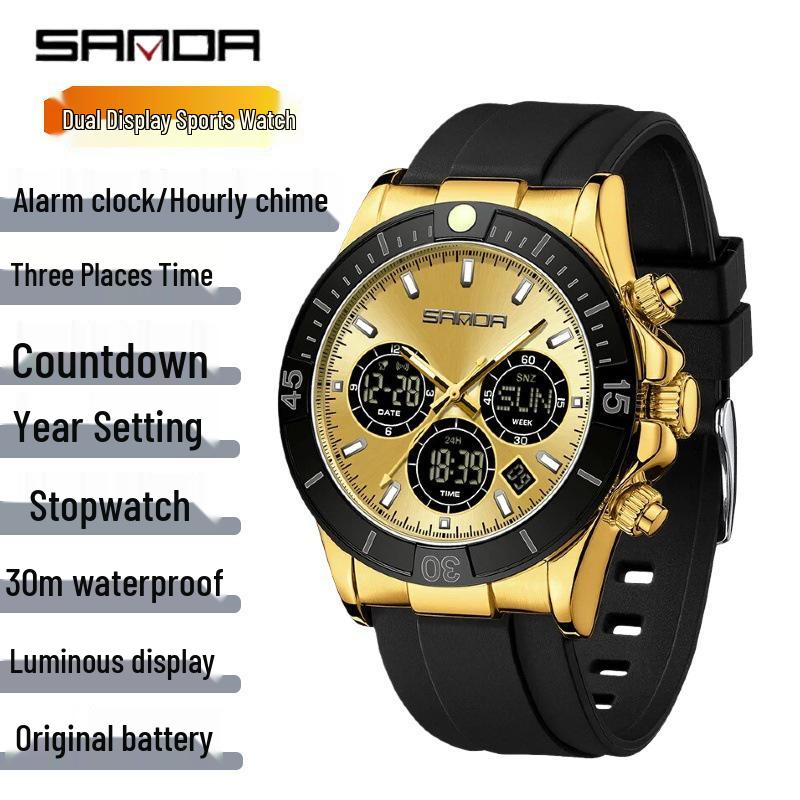 Sanda Multi-Function Men s Sports Watch: Three-City Time, Countdown, Waterproof, Luminous.