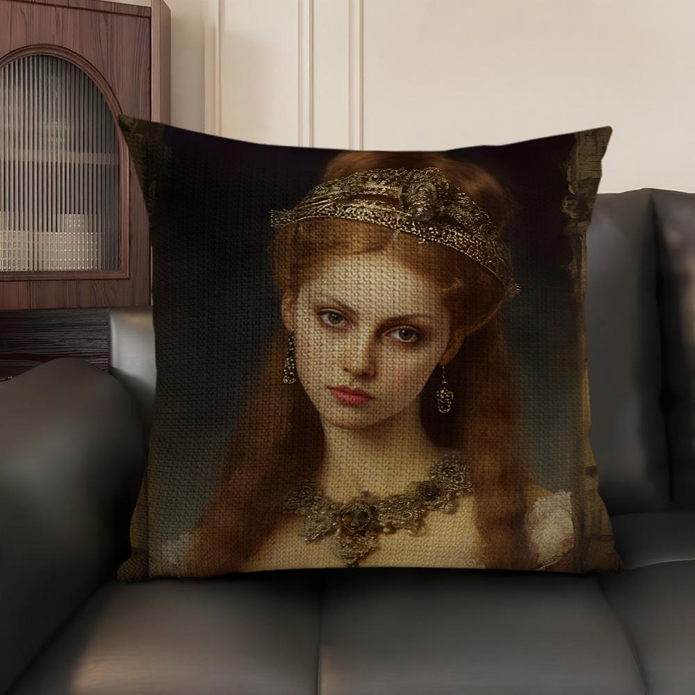 Medieval European Lady Cushion Cover Natural Linen Organic Fabric DoubleSided Printing Sofa Home Decor Gift Pillow Case