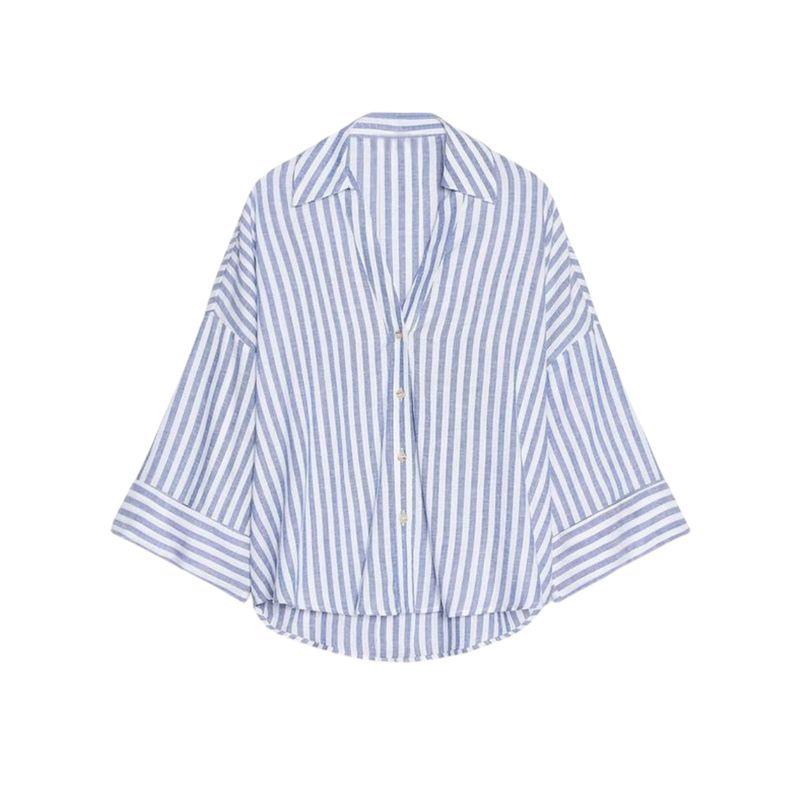 

Spring and Summer Women s Clothing Linen Blended Wide Sleeve V-neck Temperament Shirt 8741054 2340939 2363801 Blue Stripe L