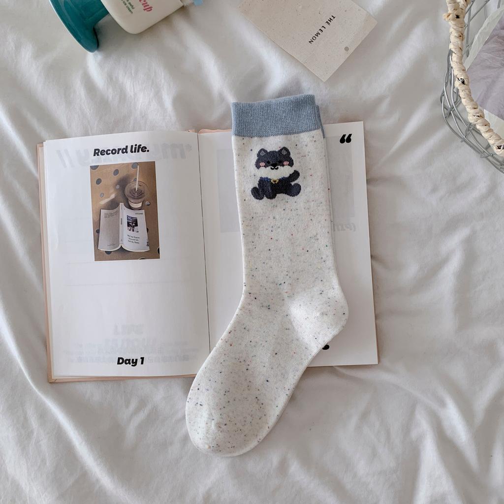Puppy Embroidery Gray-Blue Socks Medium Tube Socks Versatile Cotton Socks Boneless Cartoon Cute Pile Socks