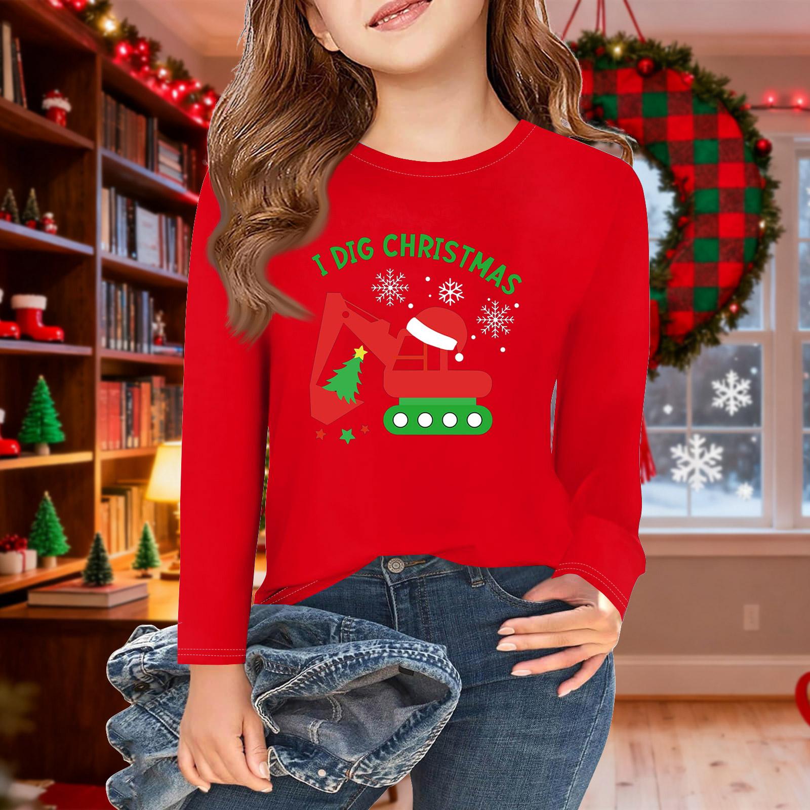 

Футболки с длинным рукавом для девочек на Рождество, детские осенние топы с круглым вырезом, базовые футболки 2-11 лет 150 красный