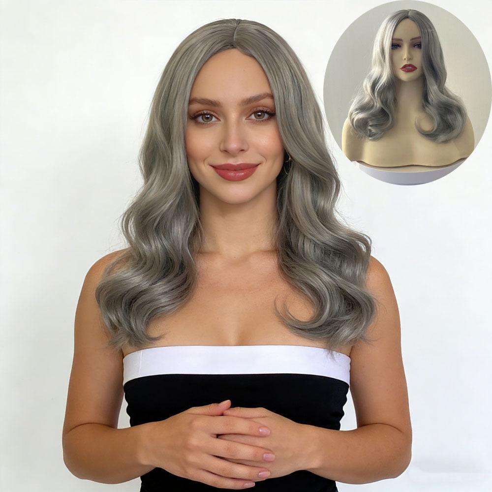 

Stylish Grey Fluffy Synthetic Natural Wig Medium Length Wave Wig with Bangs for Women Daily Party Hair Heat Resistant Fibre сірий колір