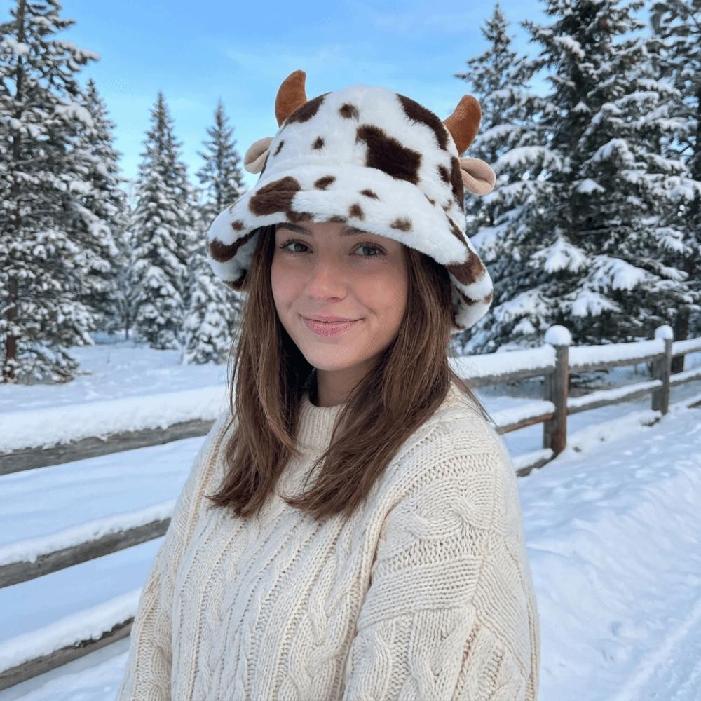 Faux Fur Plush Fisherman Hat Fluffy Winter Plush Hat Casual Cow Horn Bucket Hat Outdoor