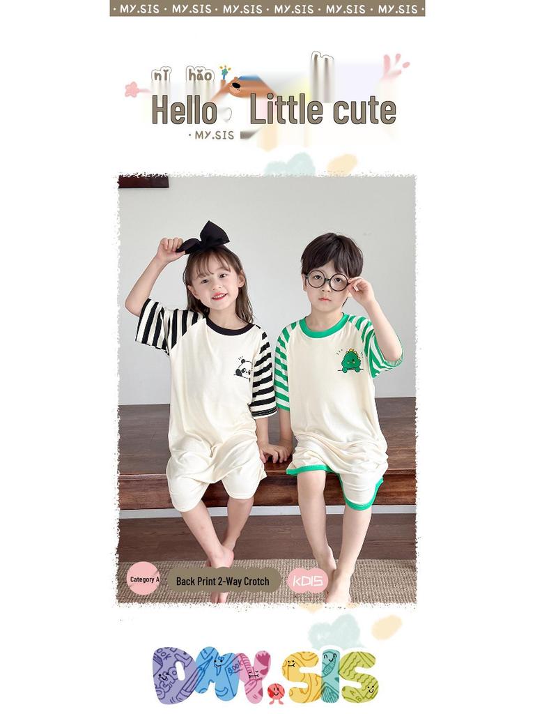 MYSIS Summer Kids' Modal Short Sleeve Split Leg Sleep Bag Romper 2-Way Skirt Pajamas with Baby Mask