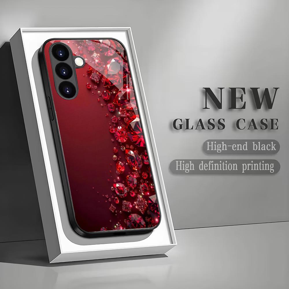Red Diamond Patterned Glass Phone Case Suitable for Samsung Galaxy S26 S25 S24 S23 S22 S20 FE/Ultra/Plus5G Anti Drop Back Cover