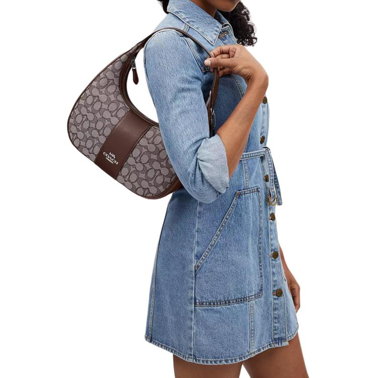 Coach Carmen 29 Signature Jacquard Zip Closure Smooth Leather Tote Shoulder Bag Large Women bags Silver Maple CV001-SVS8S