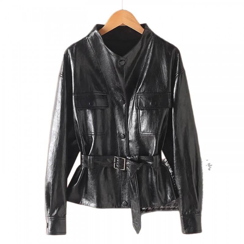 Giacca da Donna in Pelle di Agnello Collezione 2026 Vestibilità Slim Fit Collo a Lancia Stile Biker Cappotto Nero Rosso Caffè
