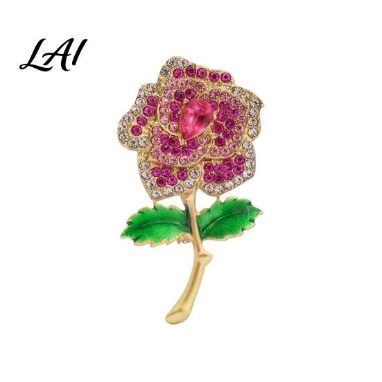 Three-dimensional Rose Brooch Pin Three-Dimensional Shape Lapel Pin with Enamel Green Rhinestone Leaves Multi-Layered Inlay Decorative Badge