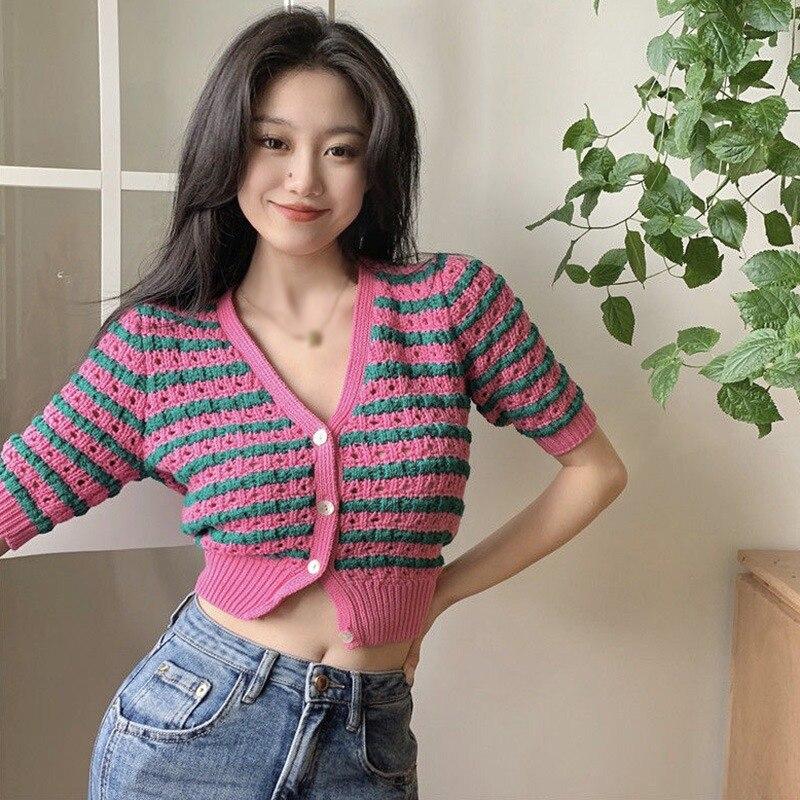 💰Women Cropped Cardigan V-Neck Button Knitted T Shirts Short Sleeve  Striped Knit Crop Top Sweater ostke odavalt – parim hind ja tasuta  kohaletoimetamine | ⭐Joomi veebipood