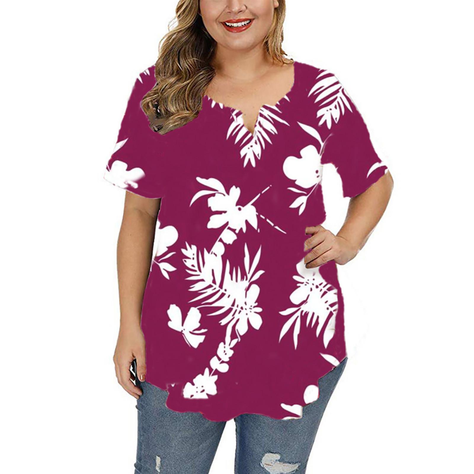 Plus Size Ladies Fashion Loose Casual Top V-Neck Button Printed T-Shirt XXXXXL винный