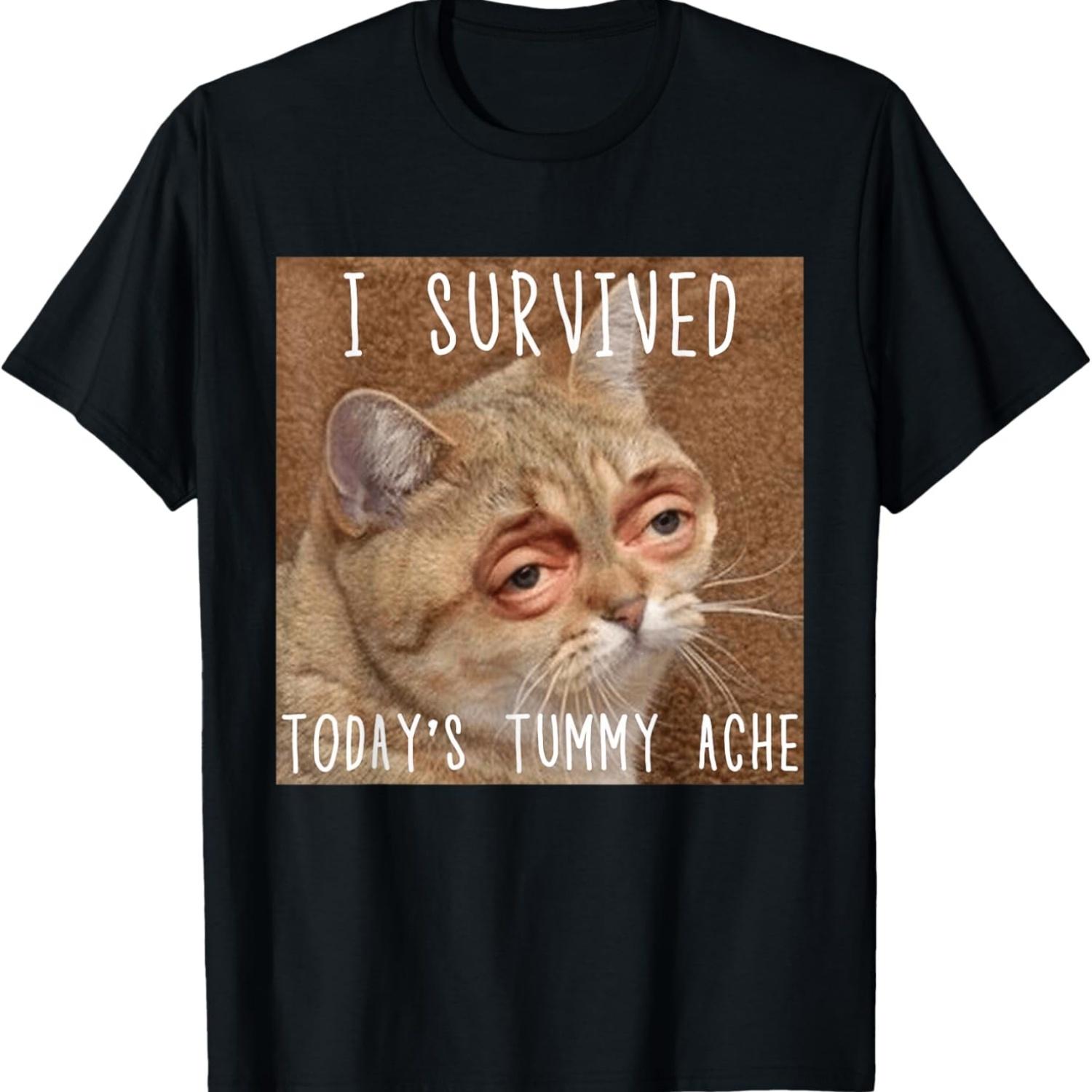 I Survived Today s Tummy Ache Funny Cat Meme T-Shirt S чёрный