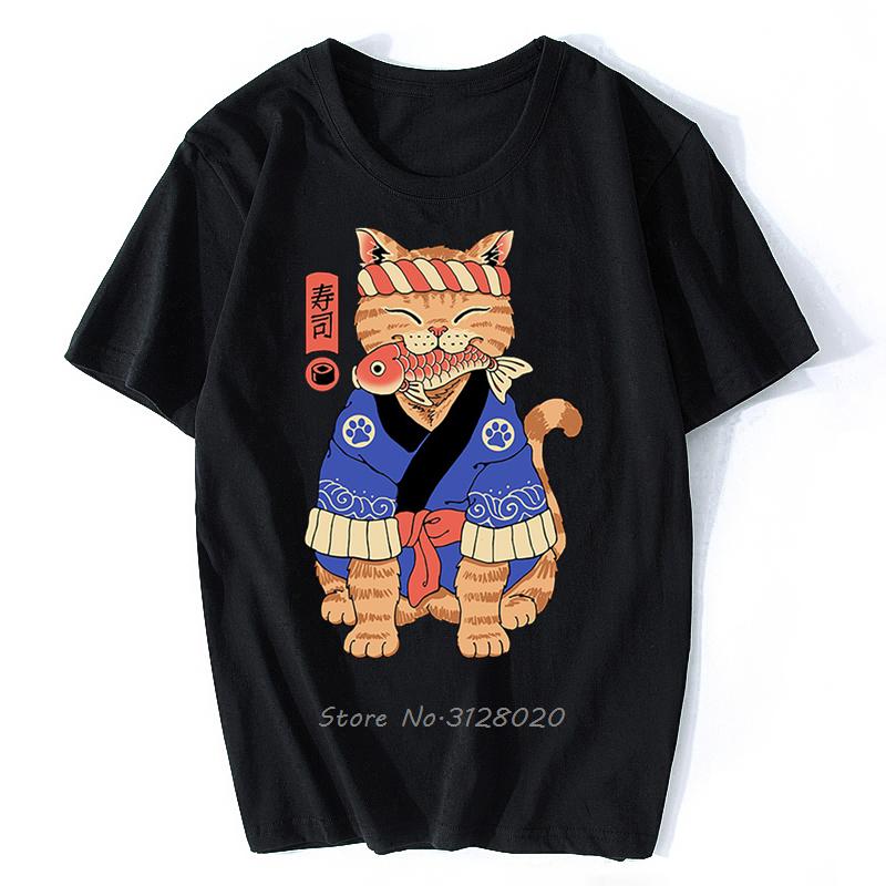 Anime Samurai Cat T Shirt Men Japanese Ukiyo-E Ninja Cat Print T-Shirt Mens Casual Tshirt Male Fashion Streetwear Harajuku Tees
