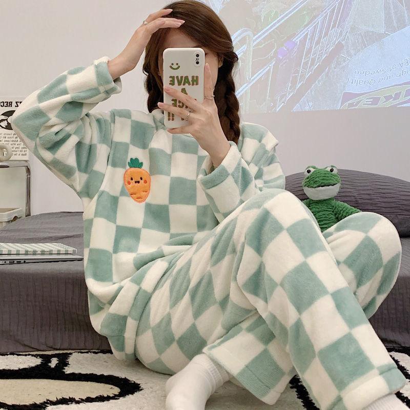 Cozy Cartoon Cat & Cherry Print Fleece Pajama Set for Women - Sets - Soft, Thickened, Long Sleeve, Round Neck