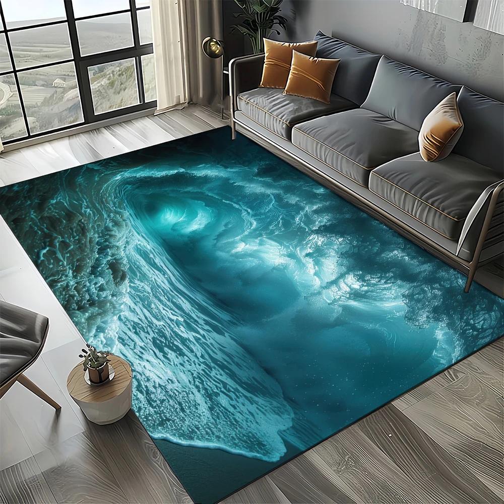 2025 New Style Blue Green Sea Wave Seawater Nature 3D Carpet Rug for Living Room Bedroom Home Sofa Decoration,Non-slip Floor Mat