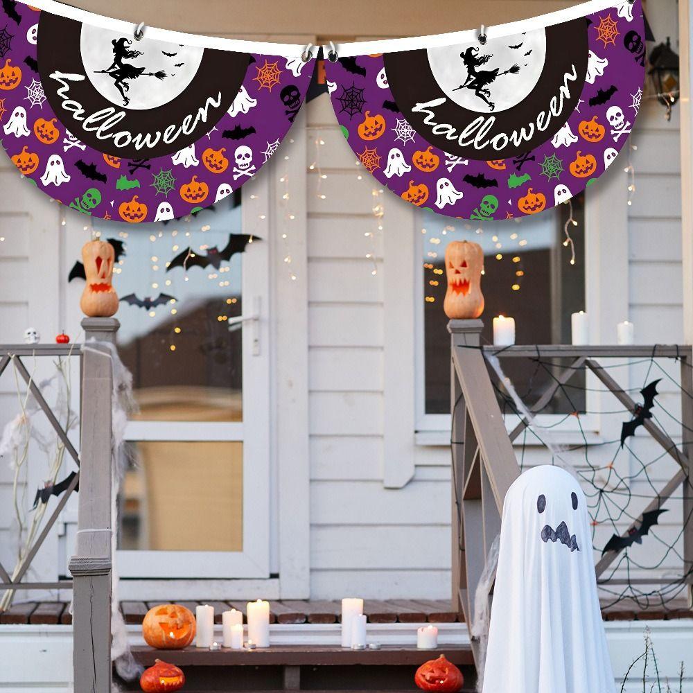 45*90cm Halloween Fan Flag Decorative with Grommets Halloween Semicircle Flag Polyester Ghost Pumpkin Bunting Flag Yard