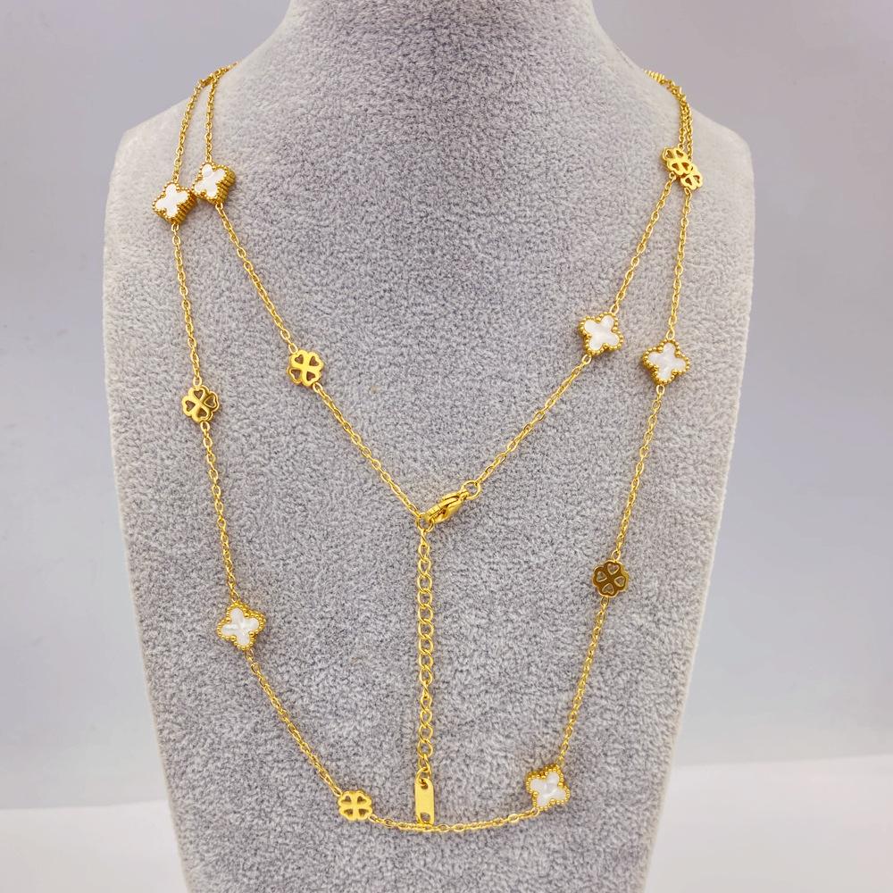 Titanium Steel 9MM Four-leaf Flower 20 Flowers Sweater Chain 90CM Double-sided Lucky Four-leaf Clover Necklace Spring Fall and Winter Necklace