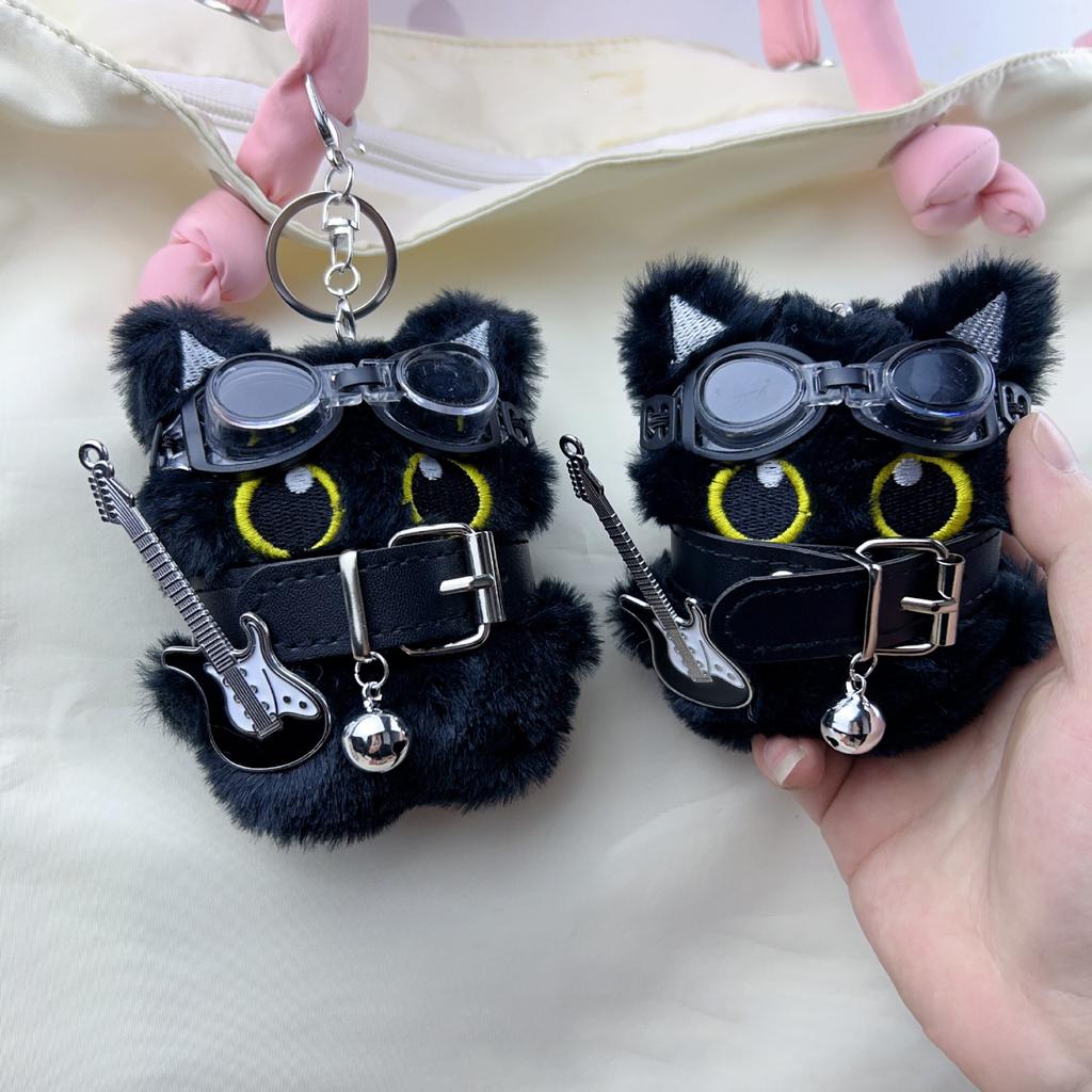 New Cool Black Cat Plush Pendant Keychain Punk Style Cute Black Big Eyes Cat Plush Doll Bag Decoration Birthday Small Gift