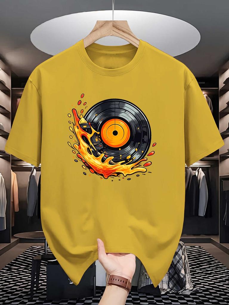 Hot Flame Vinyl Record Print Unisexs Crew Neck T Shirt Retro Music Lover Graphic Short Sleeve Casual Cotton Streetwear Tees