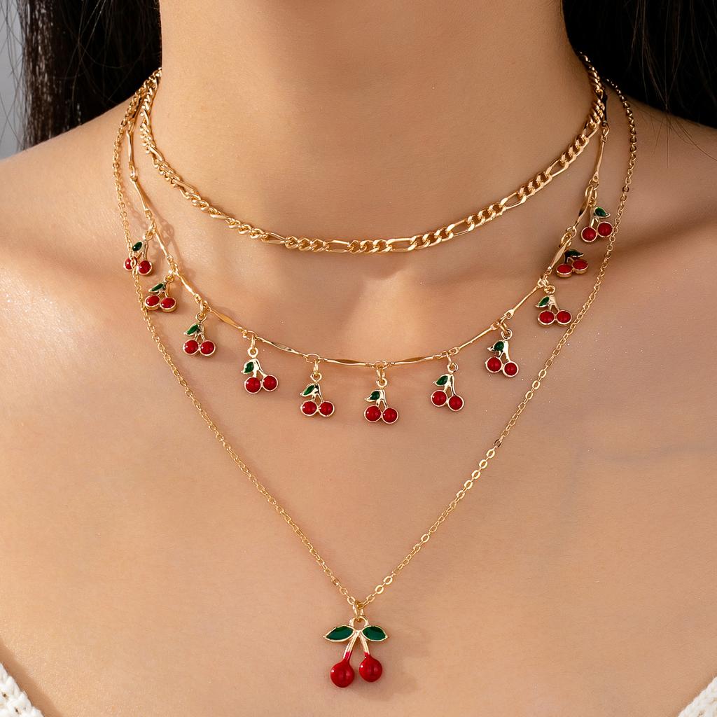 Summer Cherry Pendant Stacked Necklace Set Ladies Daily Necklace Set
