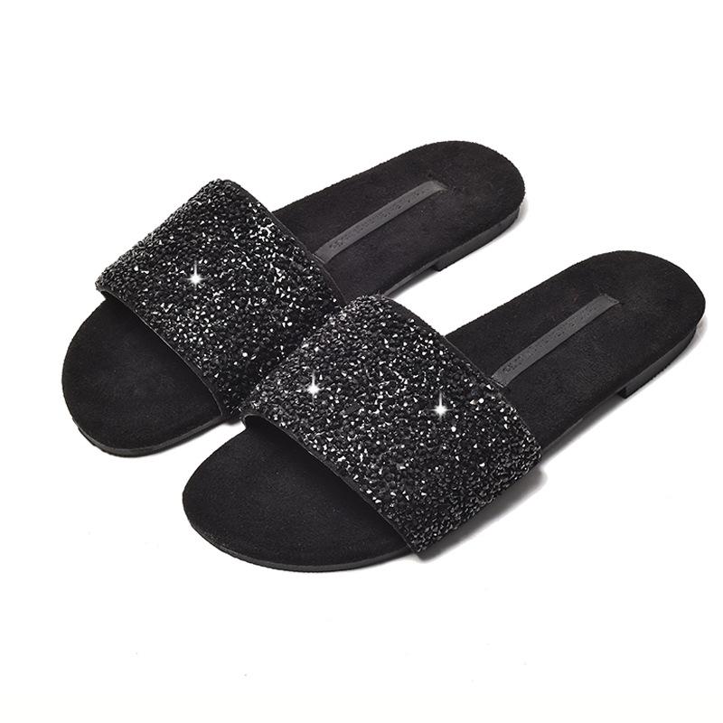 Fashion 2025 Glitter Sequins Slippers Woman Wide Fit Flat Sandals Crystal Slides Shoes Ladies Flipflops Antiskid Babouche Femme Pantufas