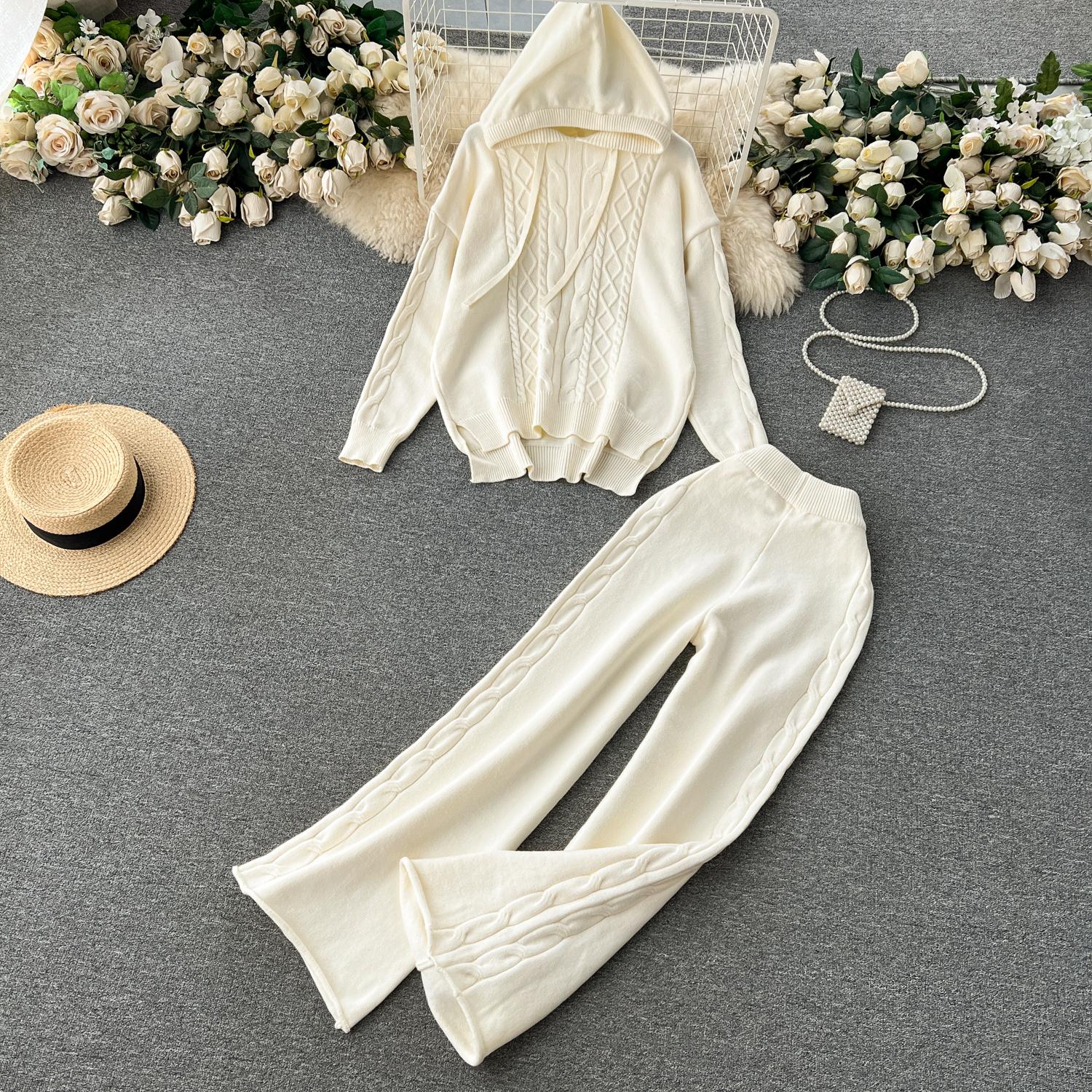 

Осенне-зимний женский вязаный свитер, спортивный костюм, модный пуловер с капюшоном, топы и широкие брюки, комплект из двух предметов One Size бежевый