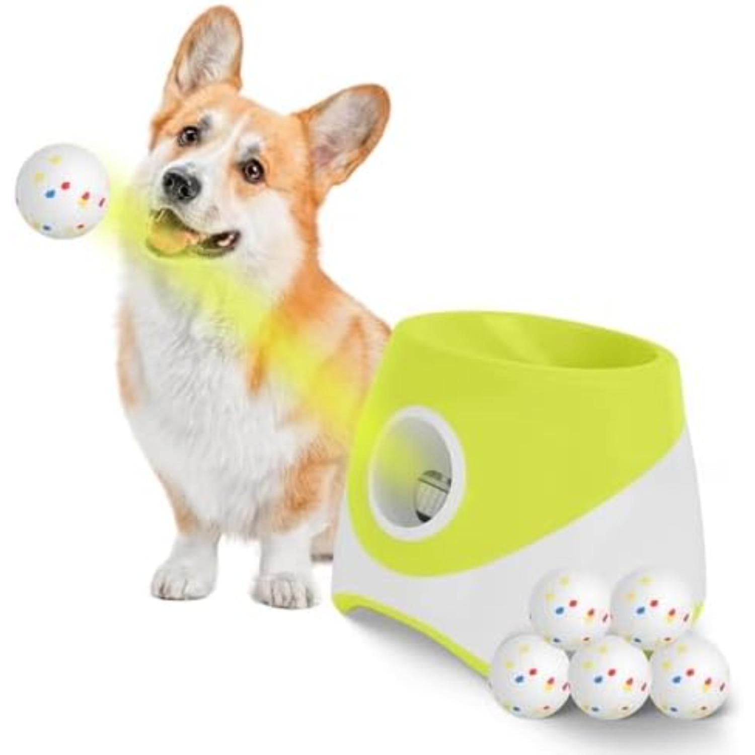 Automatic Dog Ball Launcher,Indoor/Outdoor Interactive Ball Thrower Fetch Machine for Small Medium Dogs Included 6 Tennis Balls Dog with 3 Adjustabl